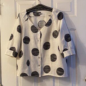 Symple nyc Sz M Linen/Cotton Womens Jacket Button Up 3/4 Sleeve White/Black Dot